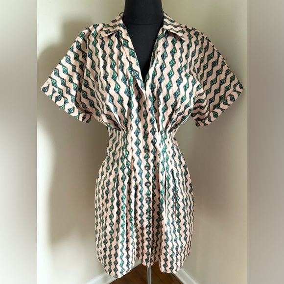 NWT Saloni Riya Ocean Stripe Seashell Print Stretch Cotton Pleated Mini Dress - Picture 1 of 14